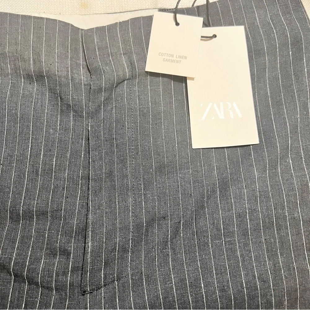 ZARA Balloon Navy Linen Blend Pinstripe Trouser NWT
